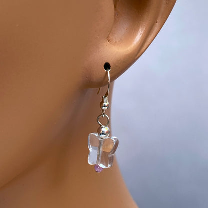 Clear Quartz Butterflies with Pink Sapphires and Sterling Silver Drop Earrings
