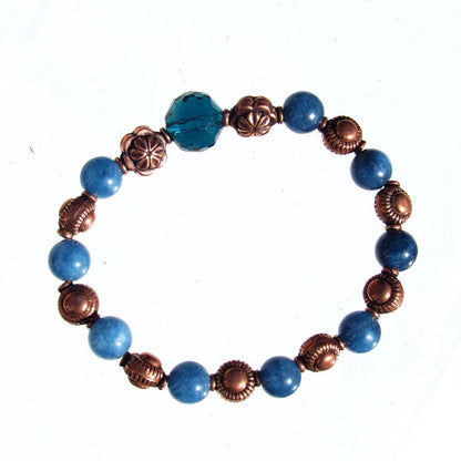 Blue Tourmaline gemstone and Copper Beaded Stretch Bracelet