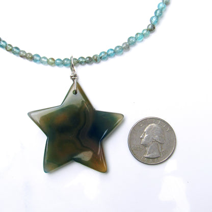 Grey Agate Gemstone Star on Apatite Necklace w/ Sterling Silver Clasp