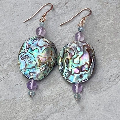 Abalone, Amethyst & Aquamarine gemstones with 14 kt Rose GF Drop Earrings