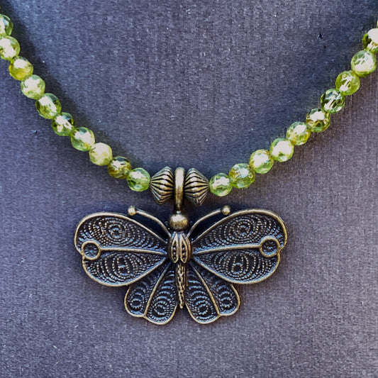 Peridot gemstone and Brass Butterfly Necklace