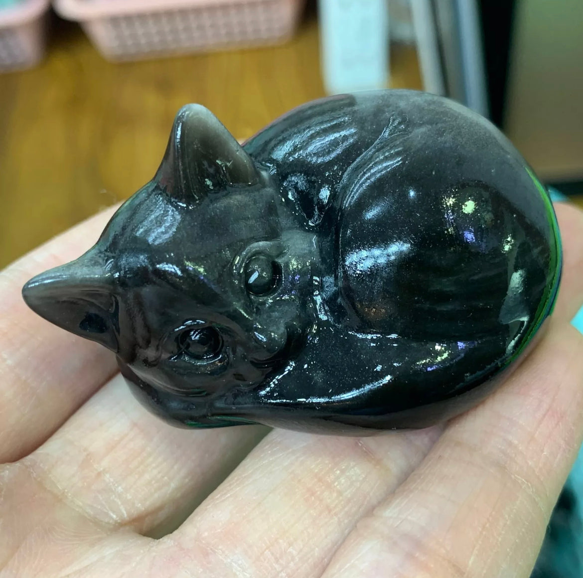 Natural Silver Obsidian sleeping Kitty Cat