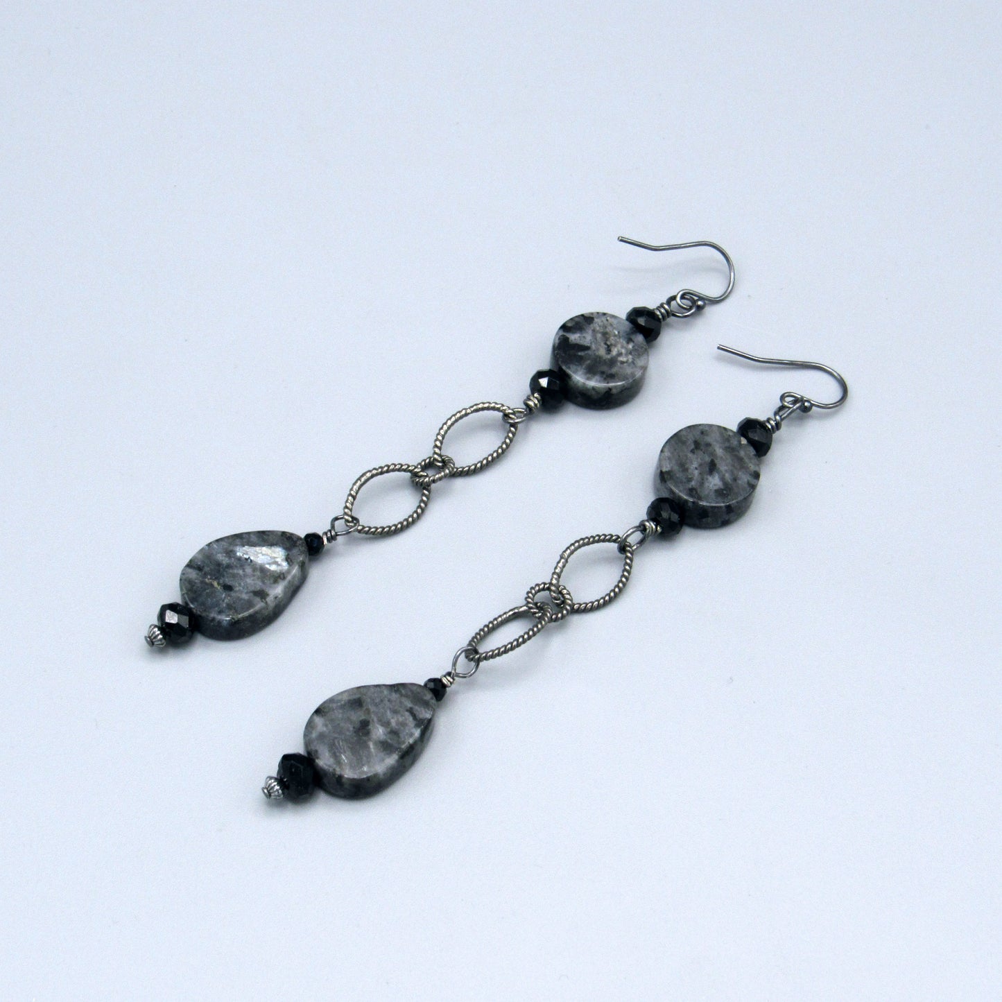 Larvikite, Black Spinel, Oxidized Sterling Silver Long Drop Earrings