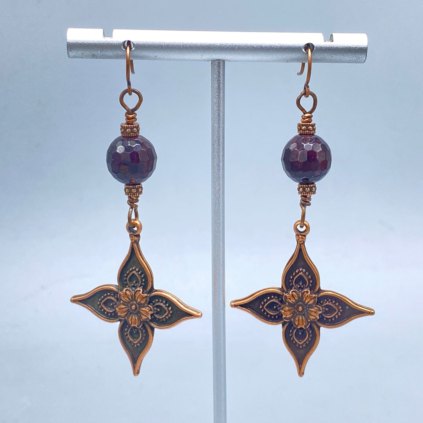 Garnet and Copper Lily Dangle Earrings