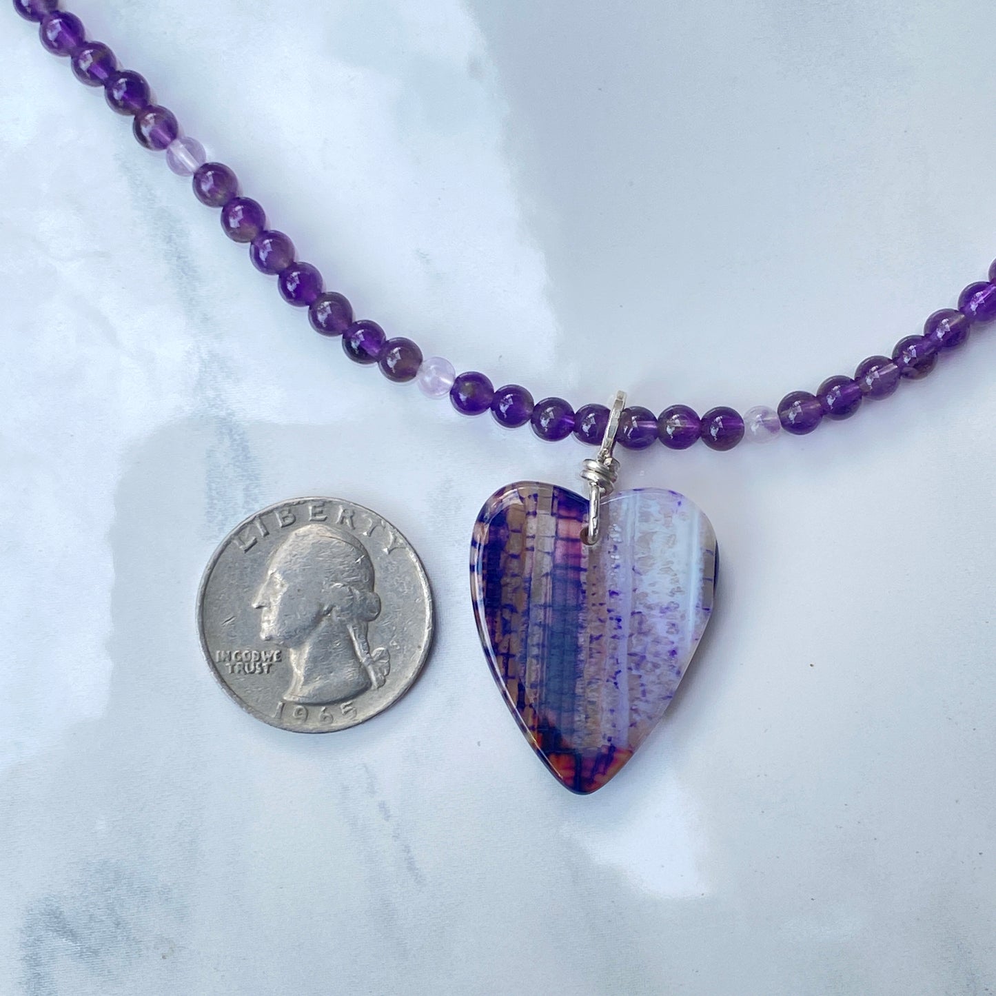 Dragon’s Vein Agate Heart Pendant Choker/Necklace with Dark and Lavender Amethyst Gemstone Necklace