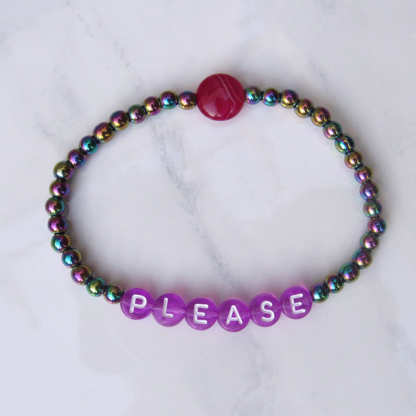 Rainbow Hematite and Pink Agate “Bitch Please” stretch Bracelet