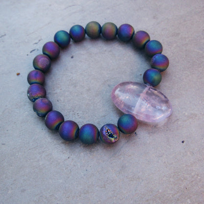 Rainbow Druzy Agate and Amethyst Gemstone Stretch Bracelet