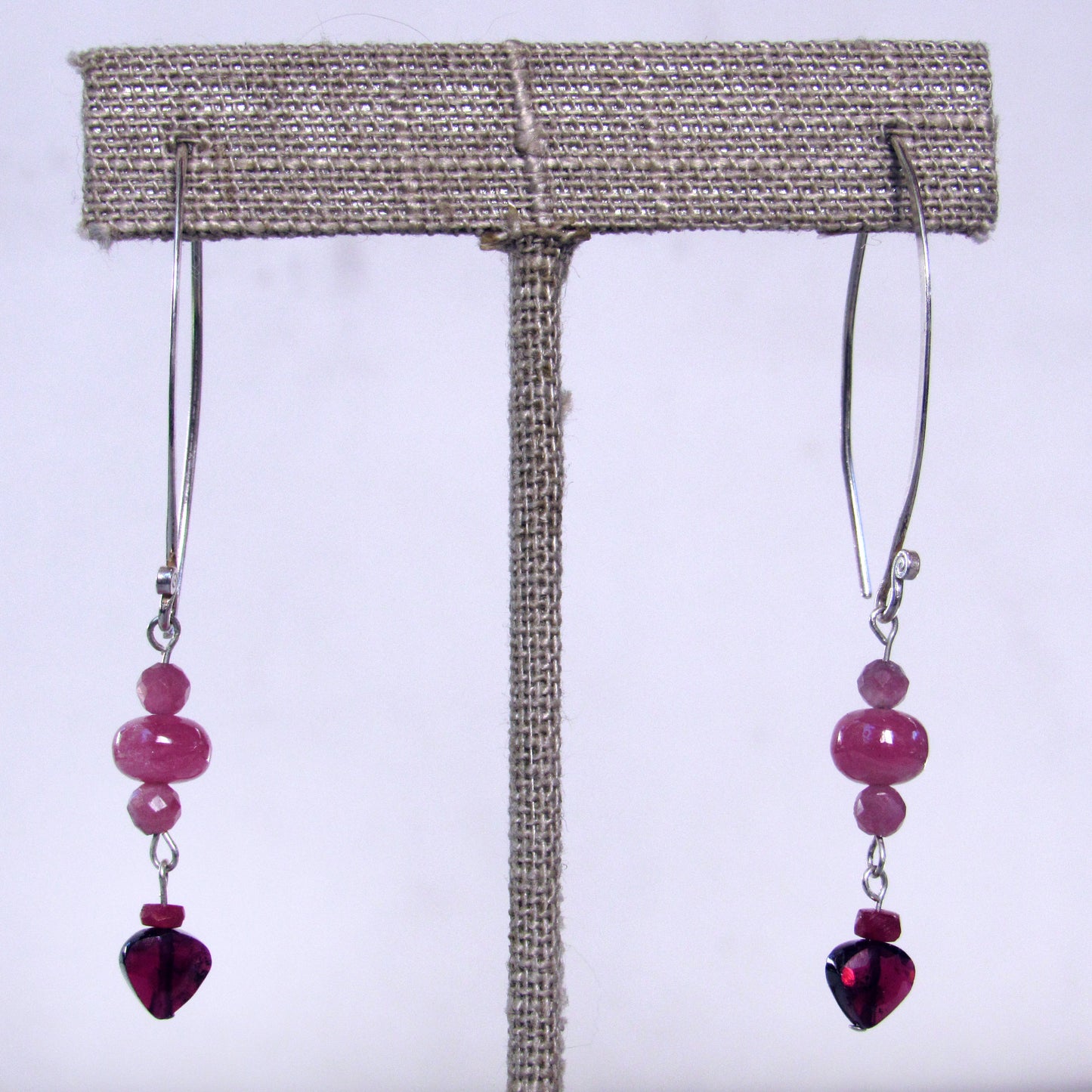 Pink Sapphires, Pink Tourmaline, Red Rubies, and Garnet gemstone Hearts w/ Sterling Silver Drop Earrings