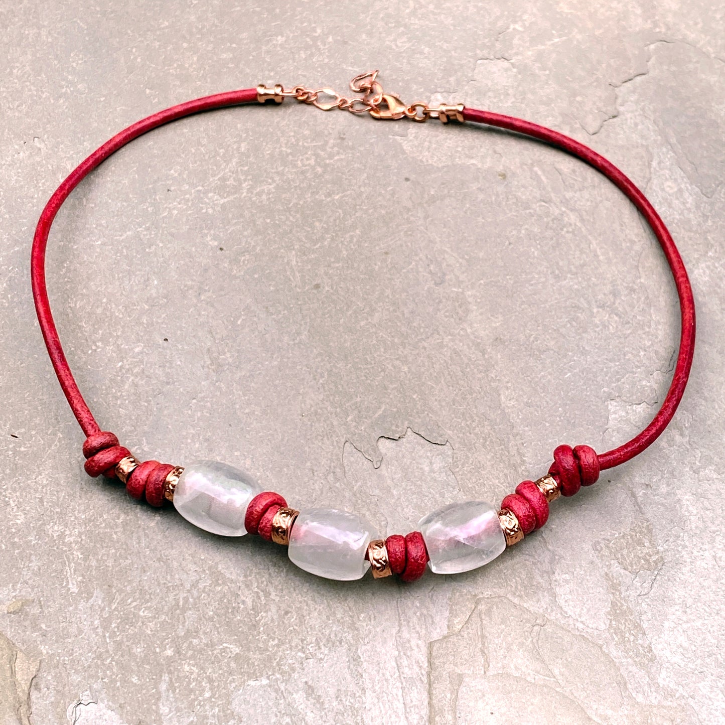 Quartz Gemstone and Copper on Red Leather Necklace