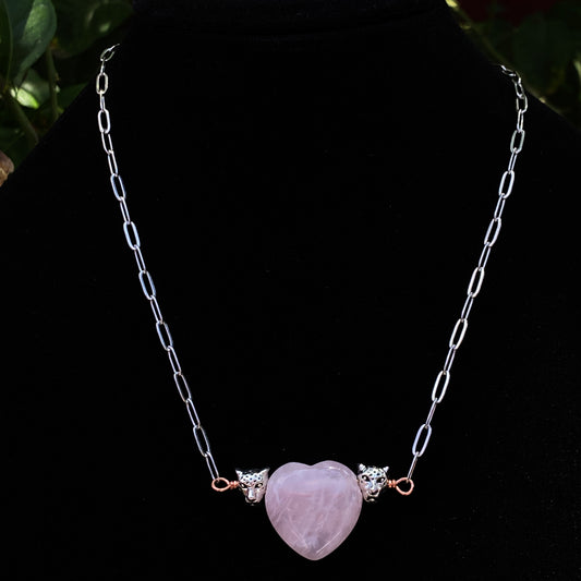 Rose Quartz gemstone Heart and Leopard head Necklace