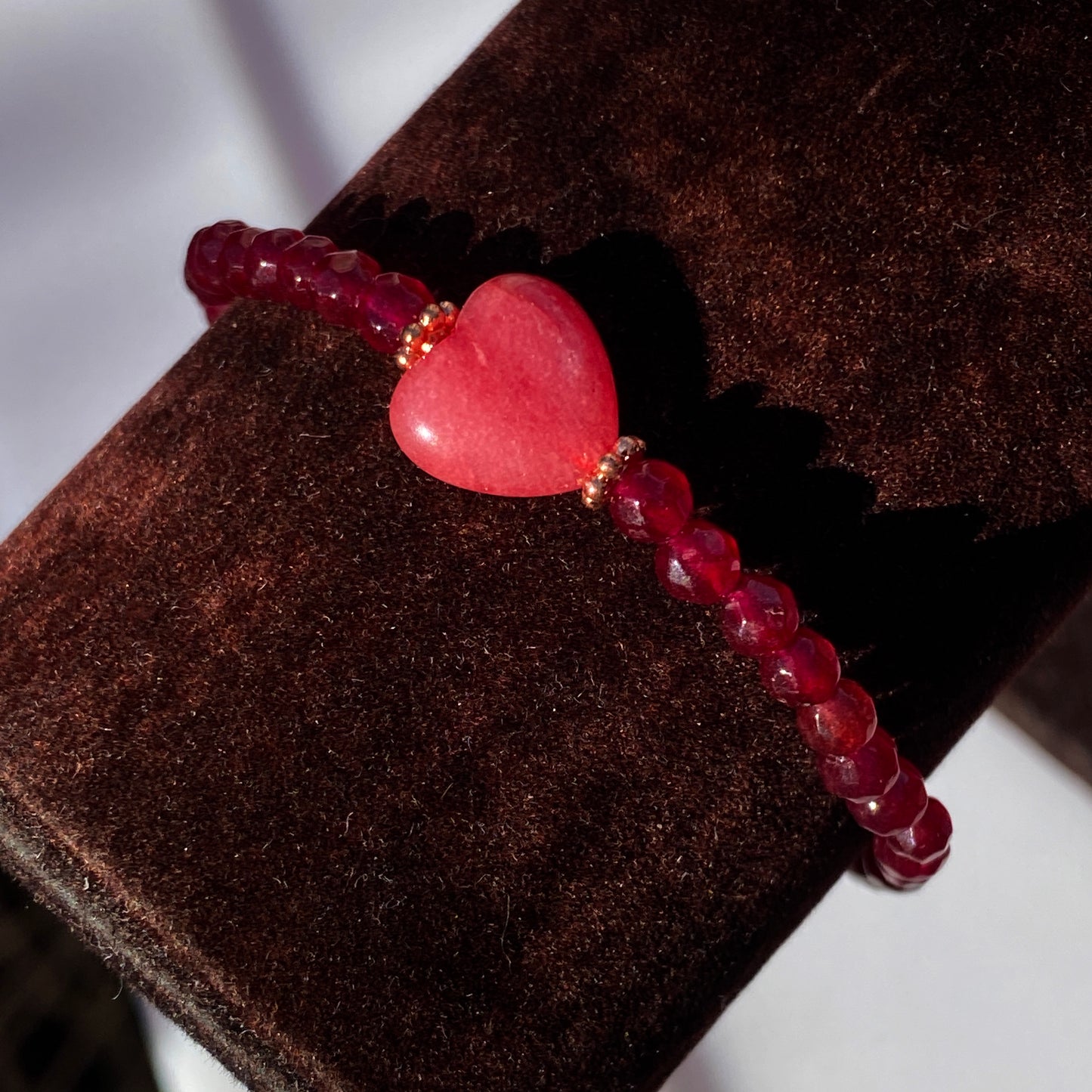 Red Jade bead with Rhodochrosite gemstone Heart, and Copper Bracelet