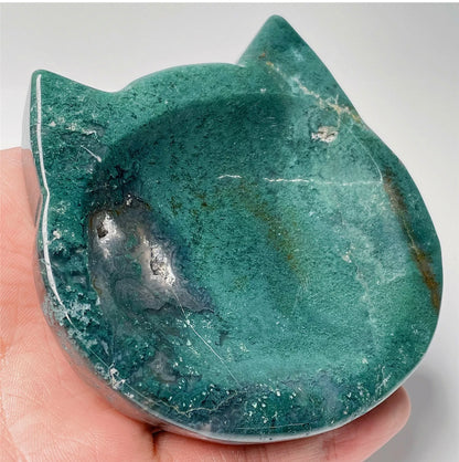 Natural Green Moss Agate Kitty Cat Jewelry Dish