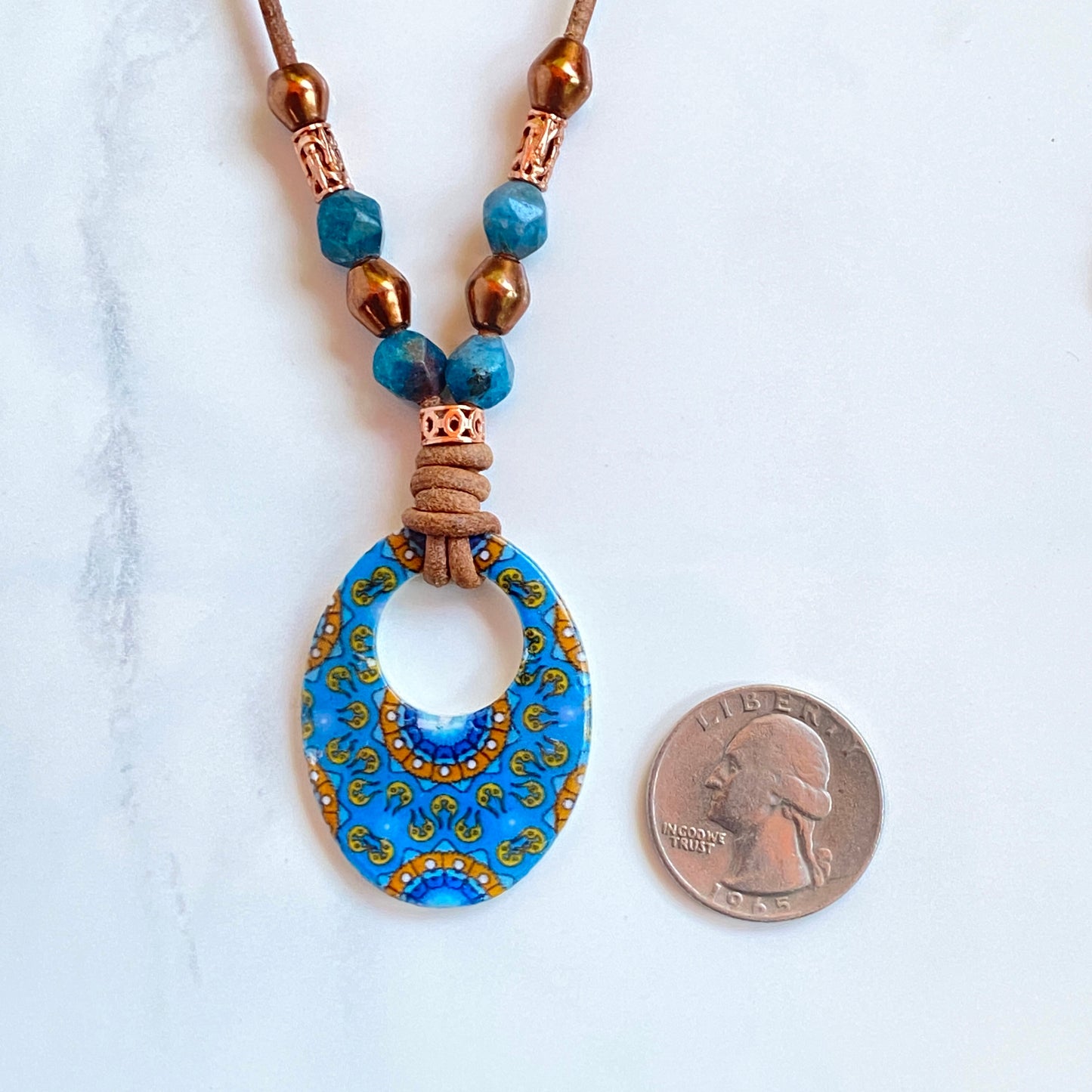 Mother of Pearl, Apatite gemstone, and Copper on Leather Necklace