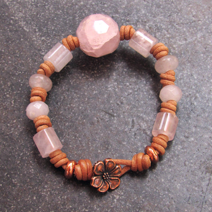 Rose Quartz and Leather Bracelet with Copper Button