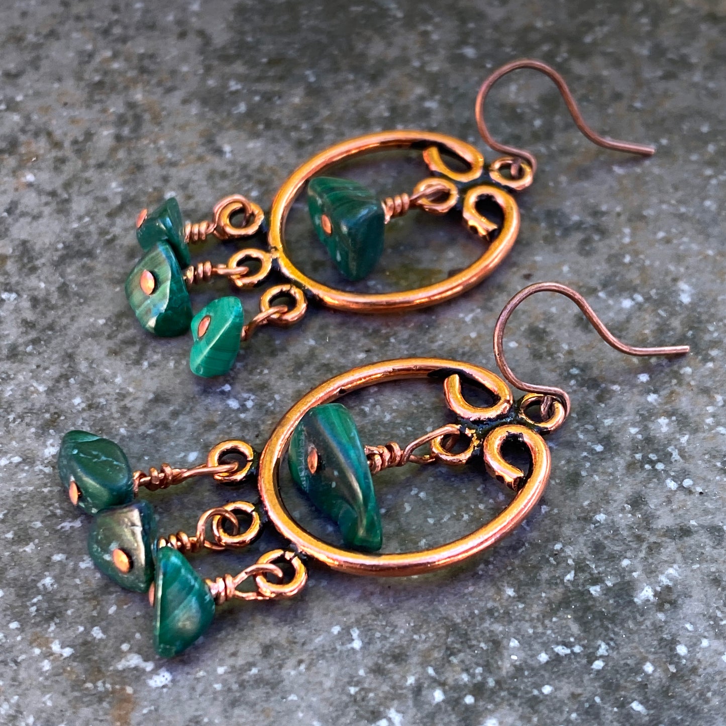 Malachite gemstone and Copper Chandelier Earrings