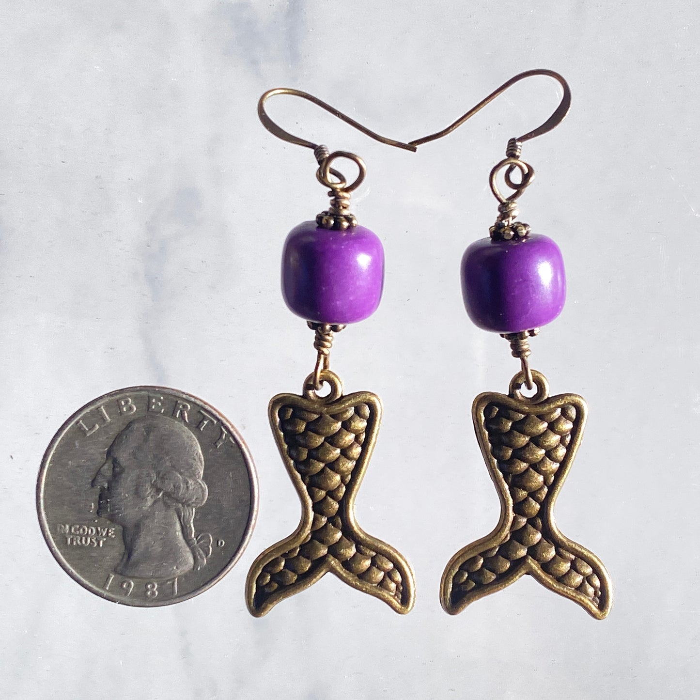 Brass Mermaid Tail and phosphosiderite gemstone Dangle Drop Earrings