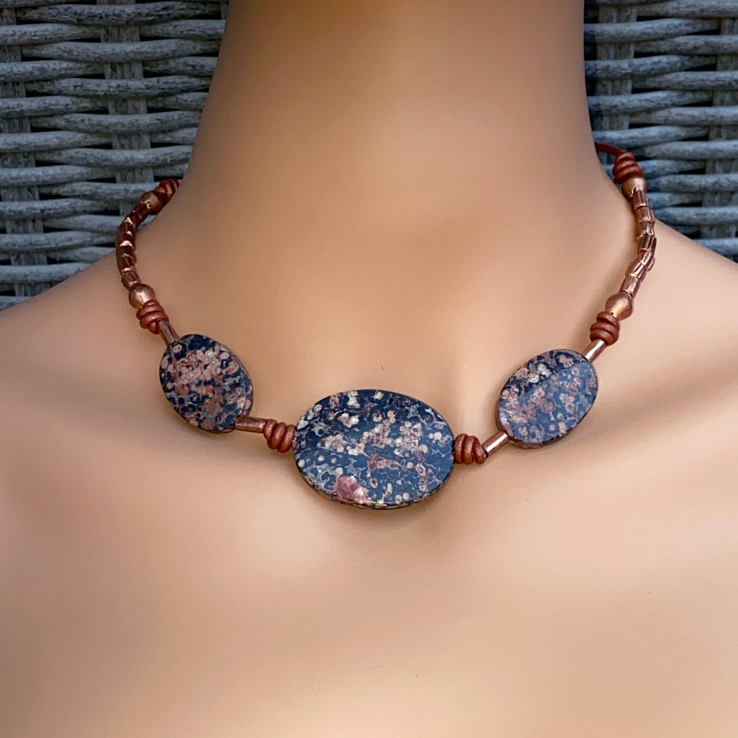 Leopard Print Jasper and Genuine Copper Hand Knotted on Leather