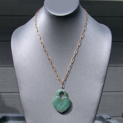 Green Aventurine gemstone carved Heart Lock on Brass Chain