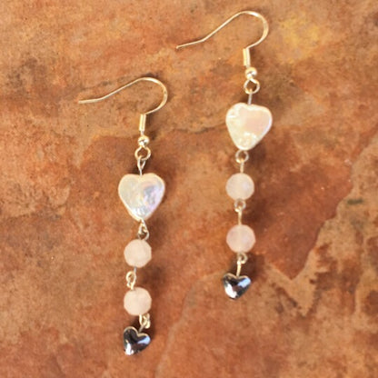 Pearl, Rose Quartz, Hematite Gemstone and Sterling Silver drop earrings