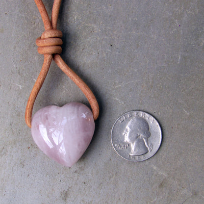 Rose Quartz Heart Pendant on Leather with Copper Clasp