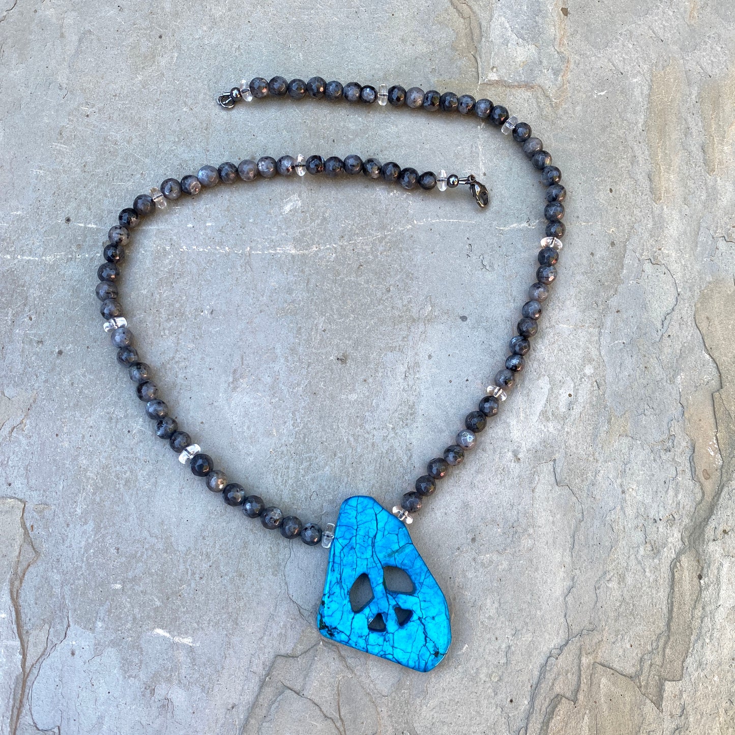 Howlite Peace Sign, Black Labradorite, and Clear Quartz w/ Sterling Silver Clasp