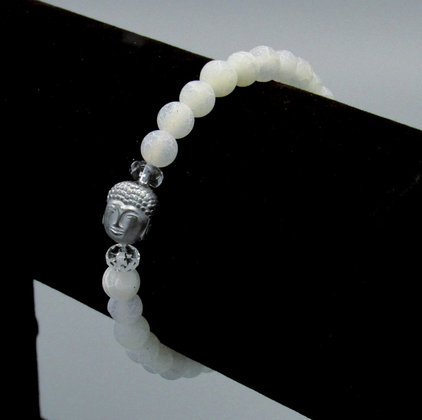 Matte Spider Vein and White Agate Gemstone “Faith” Bracelet with Hematite Buddha