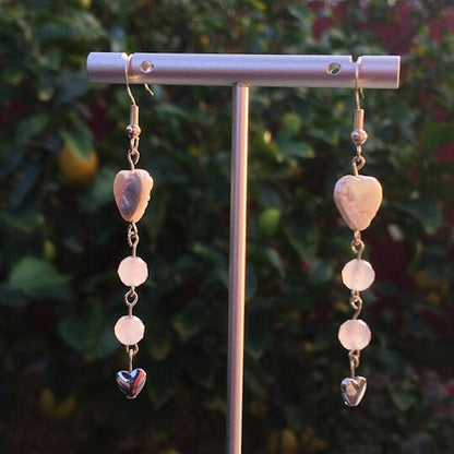 Pearl, Rose Quartz, Hematite Gemstone and Sterling Silver drop earrings