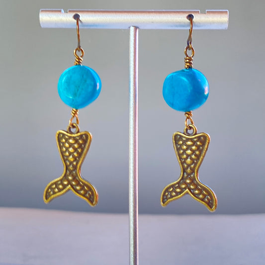 Mermaid and Turquoise gemstone Dangle Drop Mermaid Tail Earrings