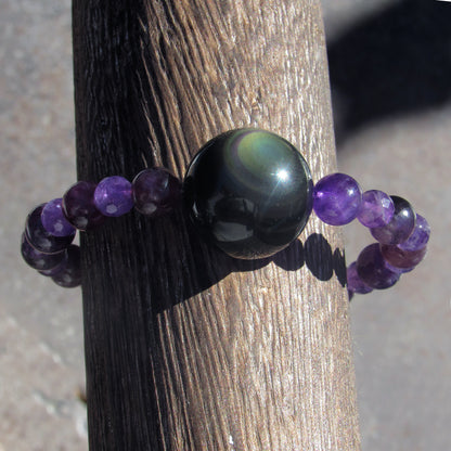 Rainbow Obsidian gemstone & purple Amethyst Smooth & Faceted Stretch Bracelet