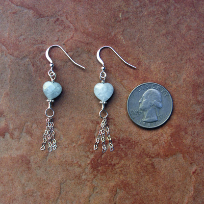 Aquamarine Gemstone Hearts and Sterling Silver Heart Chain Drop Earrings