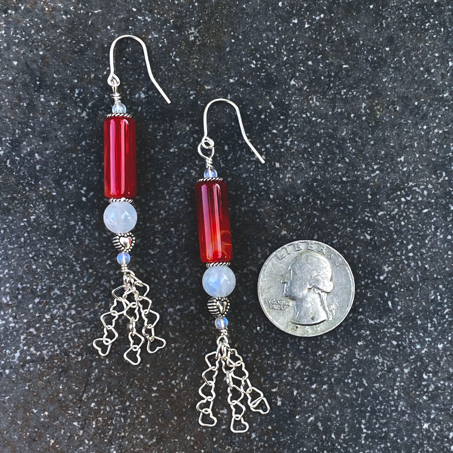 Red Agate Gemstone, Moonstones, Sterling Silver Drop Earrings