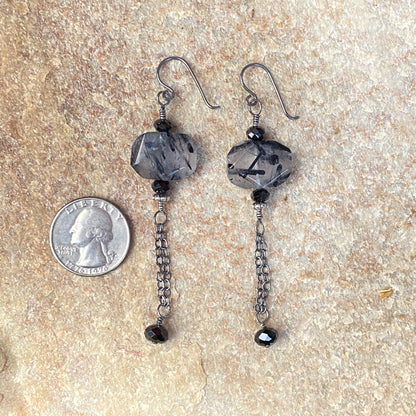 Tourmalinated Quartz, Black Spinel, and Oxidized Sterling Silver Long Dangle Earrings