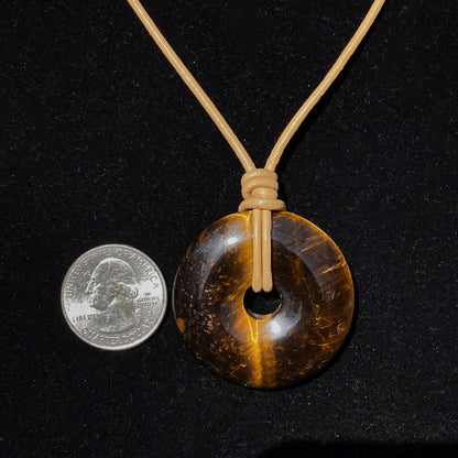 Tiger Eye gemstone Donut on genuine leather Necklace