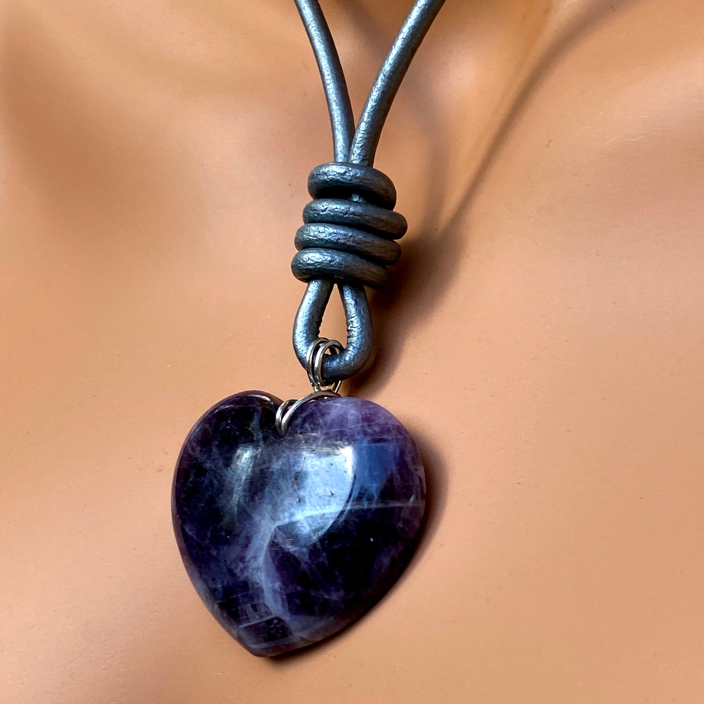 Amethyst gemstone Heart on Leather w/ Sterling Silver Clasp