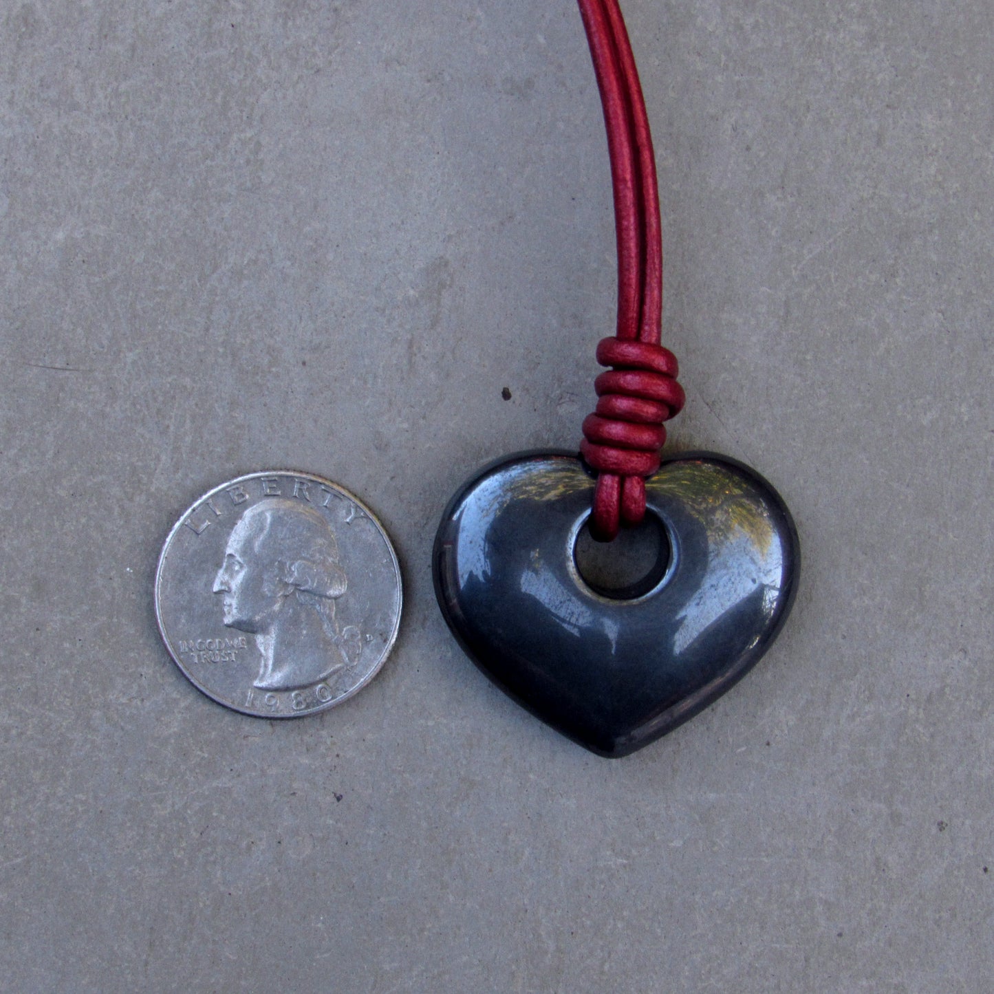 Hematite heart Hand Knotted on Metallic Red Leather With Sterling Silver Clasp
