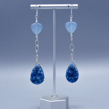 Blue Druzy Gemstone, Blue Jade Hearts, White Topaz, Sterling Silver Drop Earrings