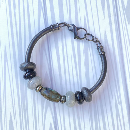 Labradorite gemstone Leather Bracelet with Hematite and Black Obsidian