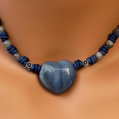Blue Aventurine gemstone Heart, Labradorite, and Sterling Silver Leather Choker