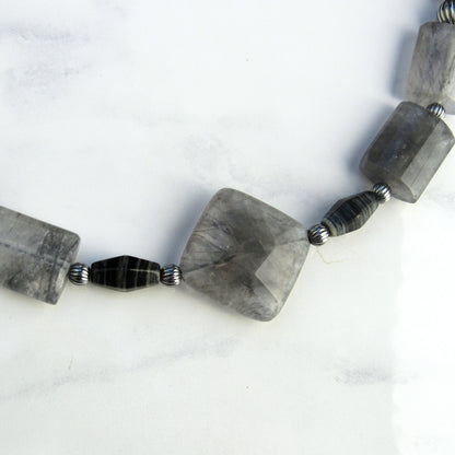 Cloudy Quartz, silver leaf Jasper and silver obsidian with oxidized s silver men’s handmade necklace