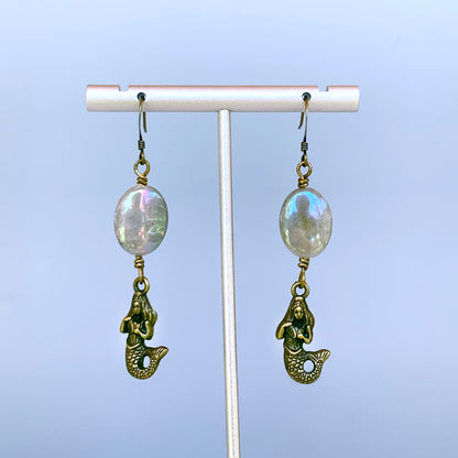 Mermaid and Aura coated labradorite gemstone dangle earrings