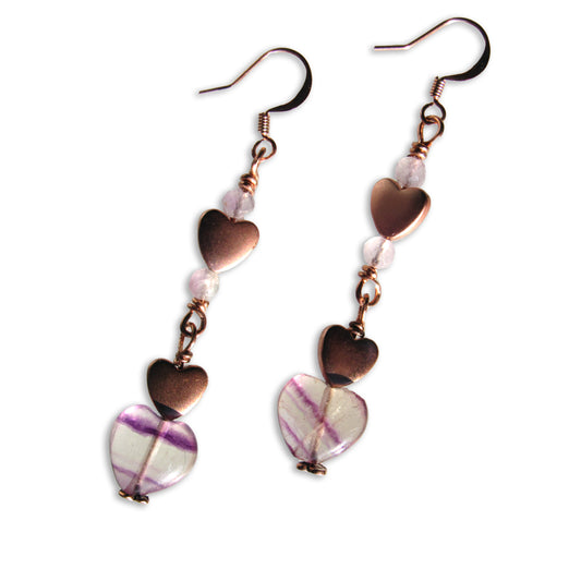 Fluorite and Hematite gemstone Dangle Heart earrings