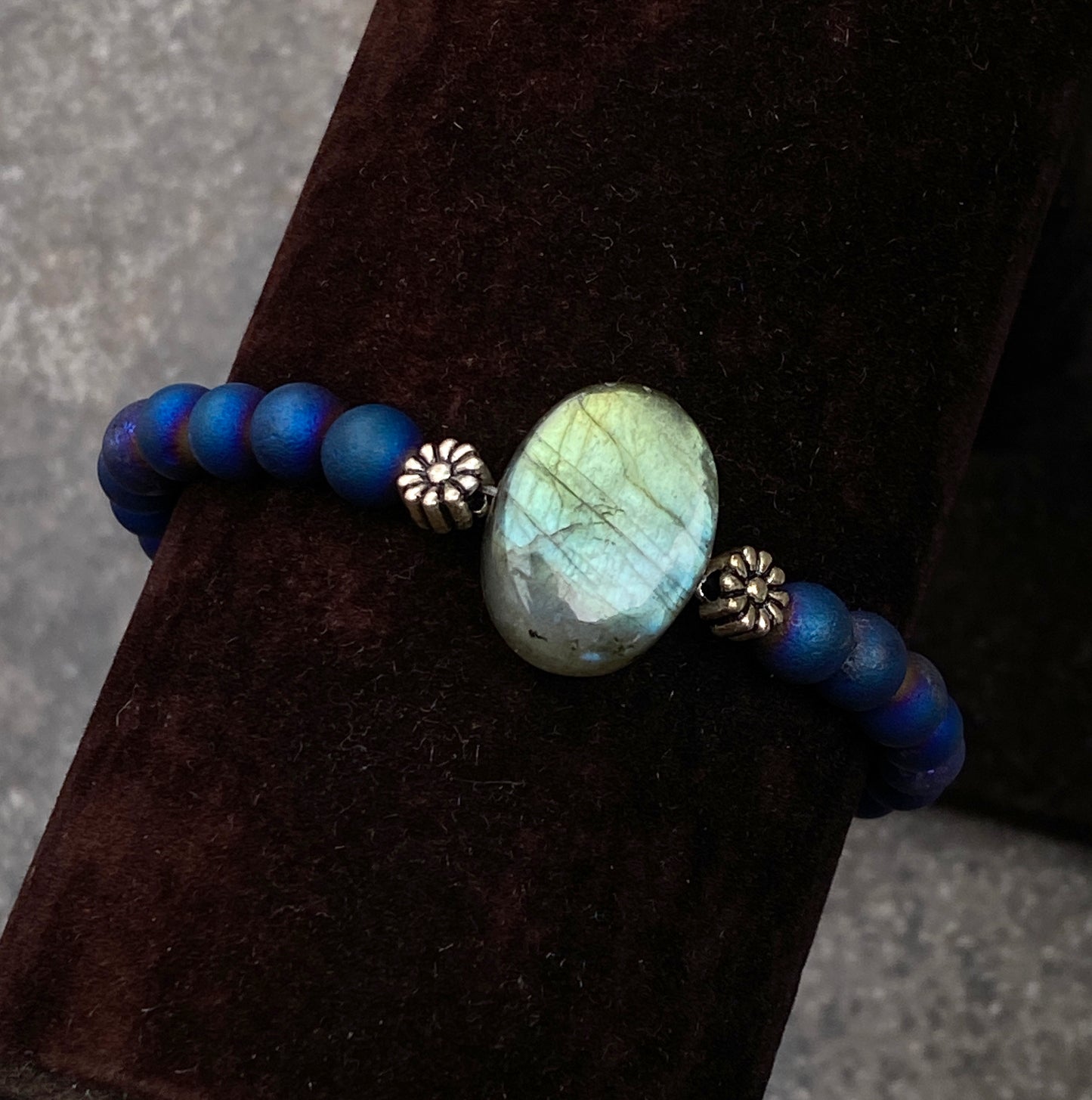 Labradorite, Blue Druzy Agates, and Sterling Silver Stretch Bracelet