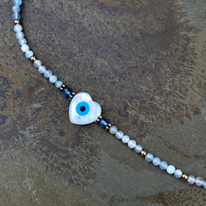Evil Eye Heart with Aquamarine & Blue Topaz Gemstone necklace