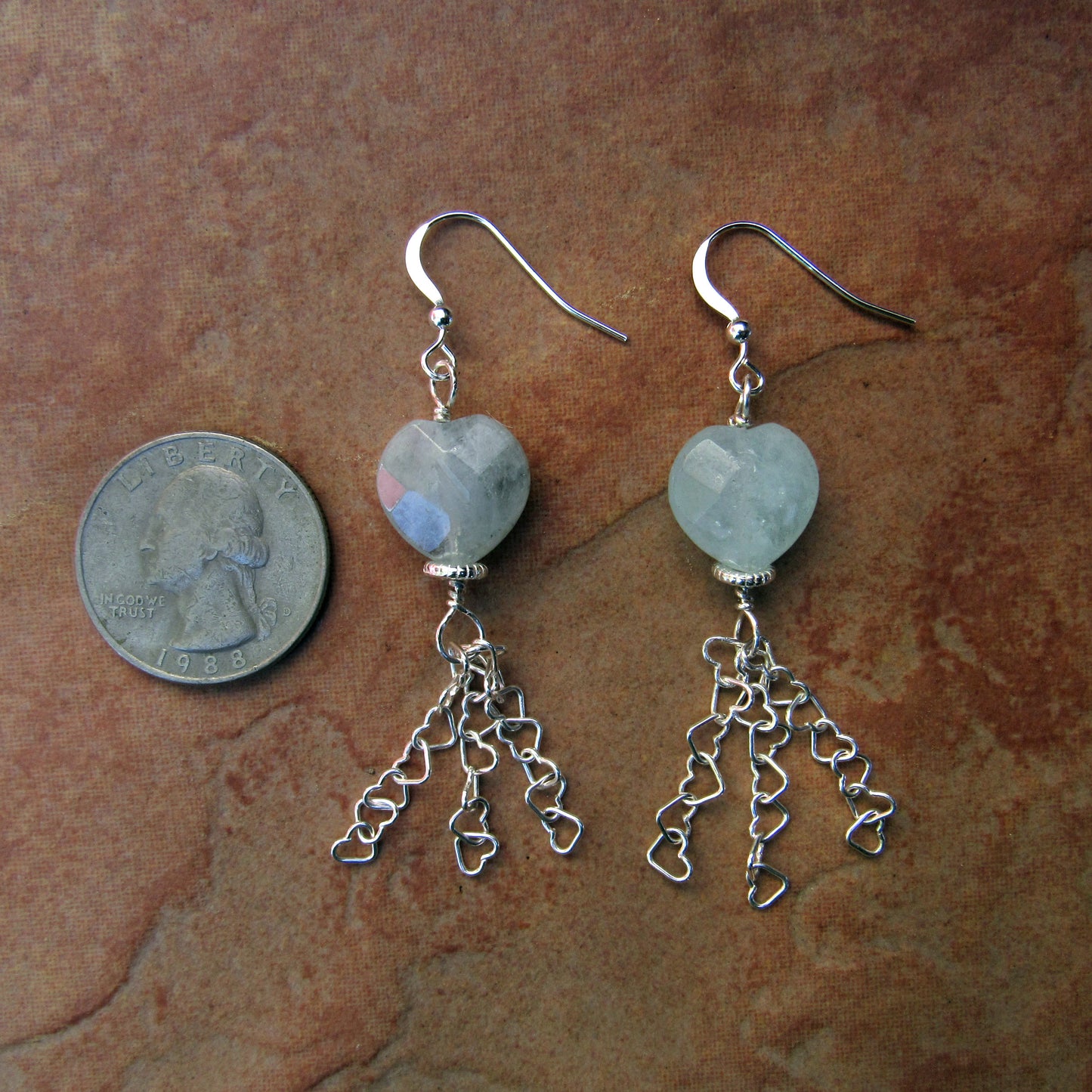 Aquamarine Gemstone Hearts with Sterling Silver Heart Chain Drop Earrings