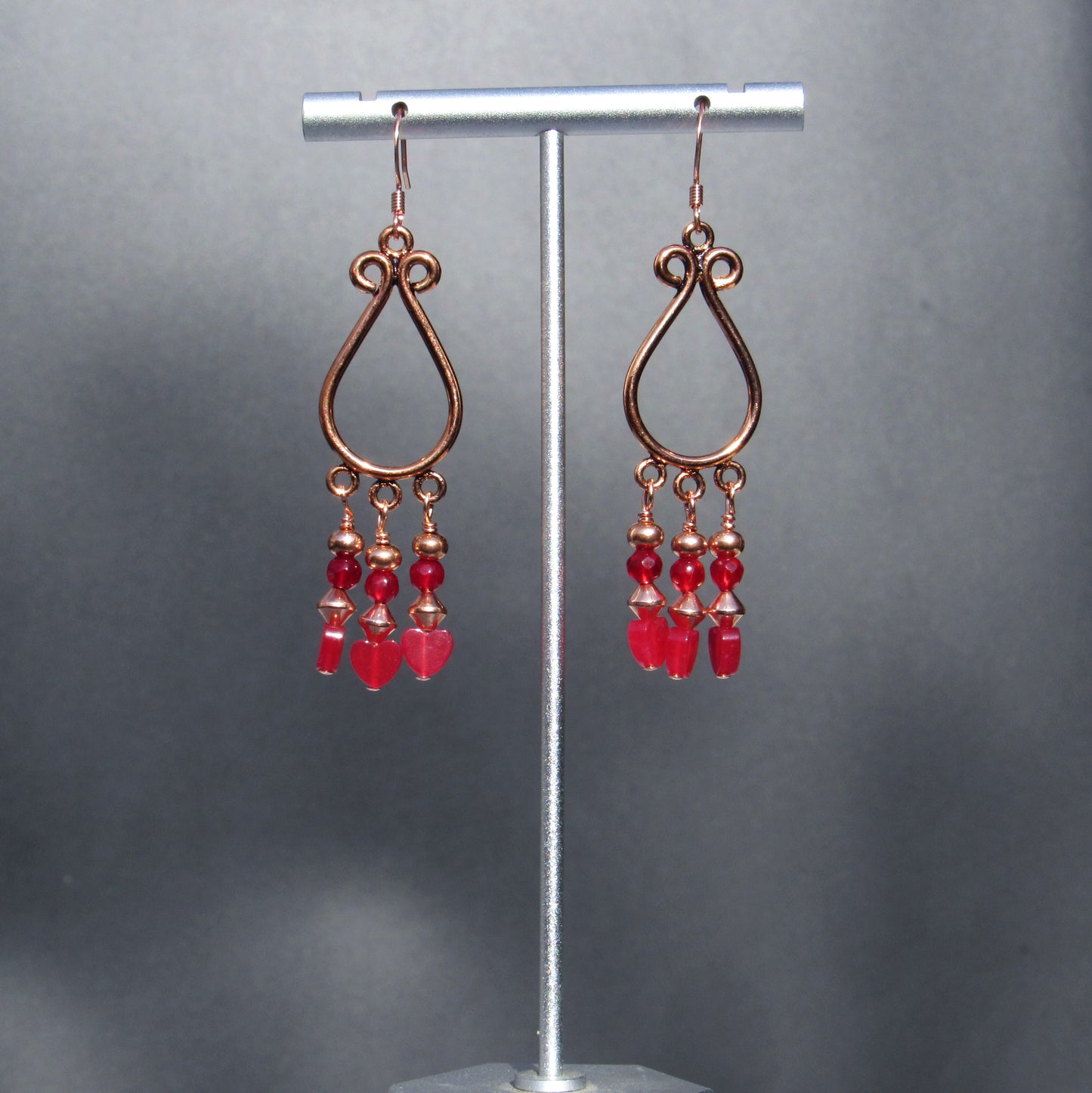 Jade gemstone hearts, Red agates, and copper chandelier earrings