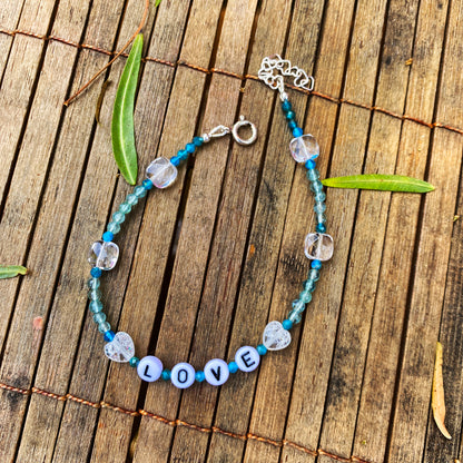 Blue Apatite “LOVE” anklet with Clear Quartz Gemstone heart beads