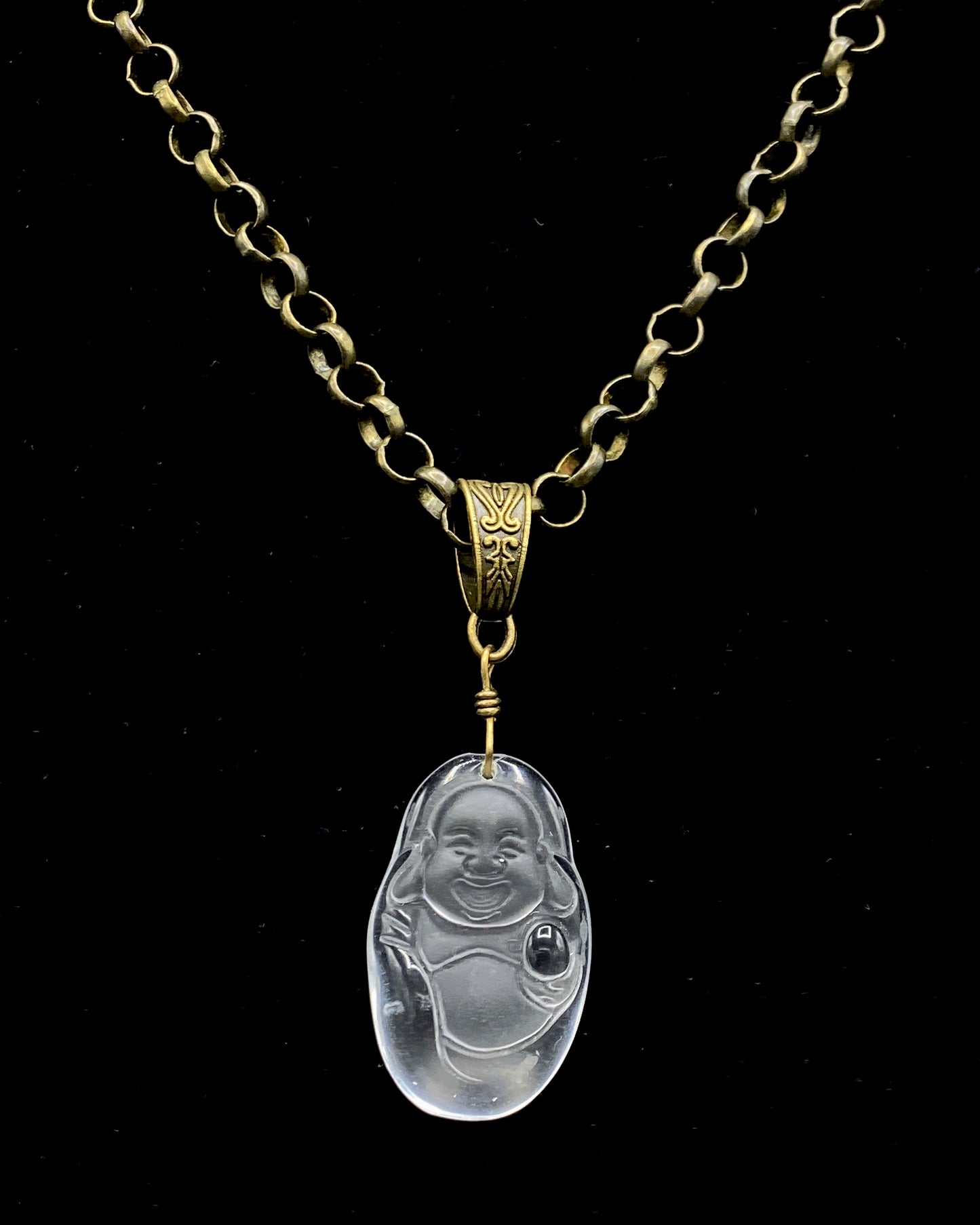 Quartz Buddha and Brass Necklace