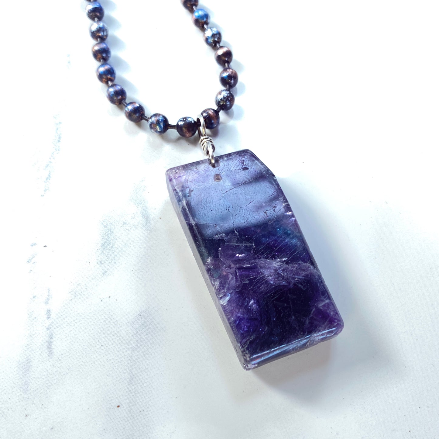 Men’s Fluorite Gemstone Pendant Hand Wrapped w/ Sterling Silver on Patina Copper Chain