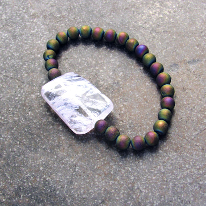 Rainbow Druzy Agate and Purple Cherry Quartz Gemstone Bracelet