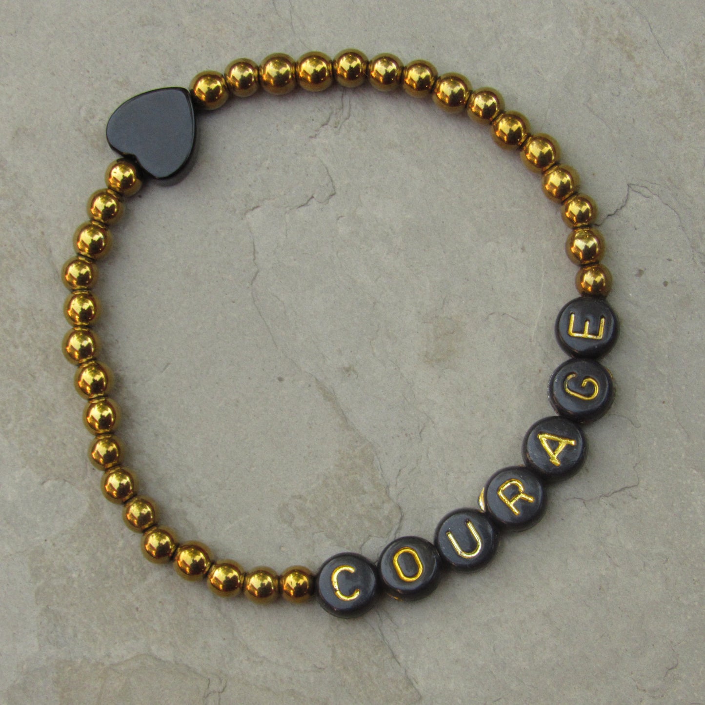 Gold Hematite and Onyx gemstone Heart "COURAGE" bracelet